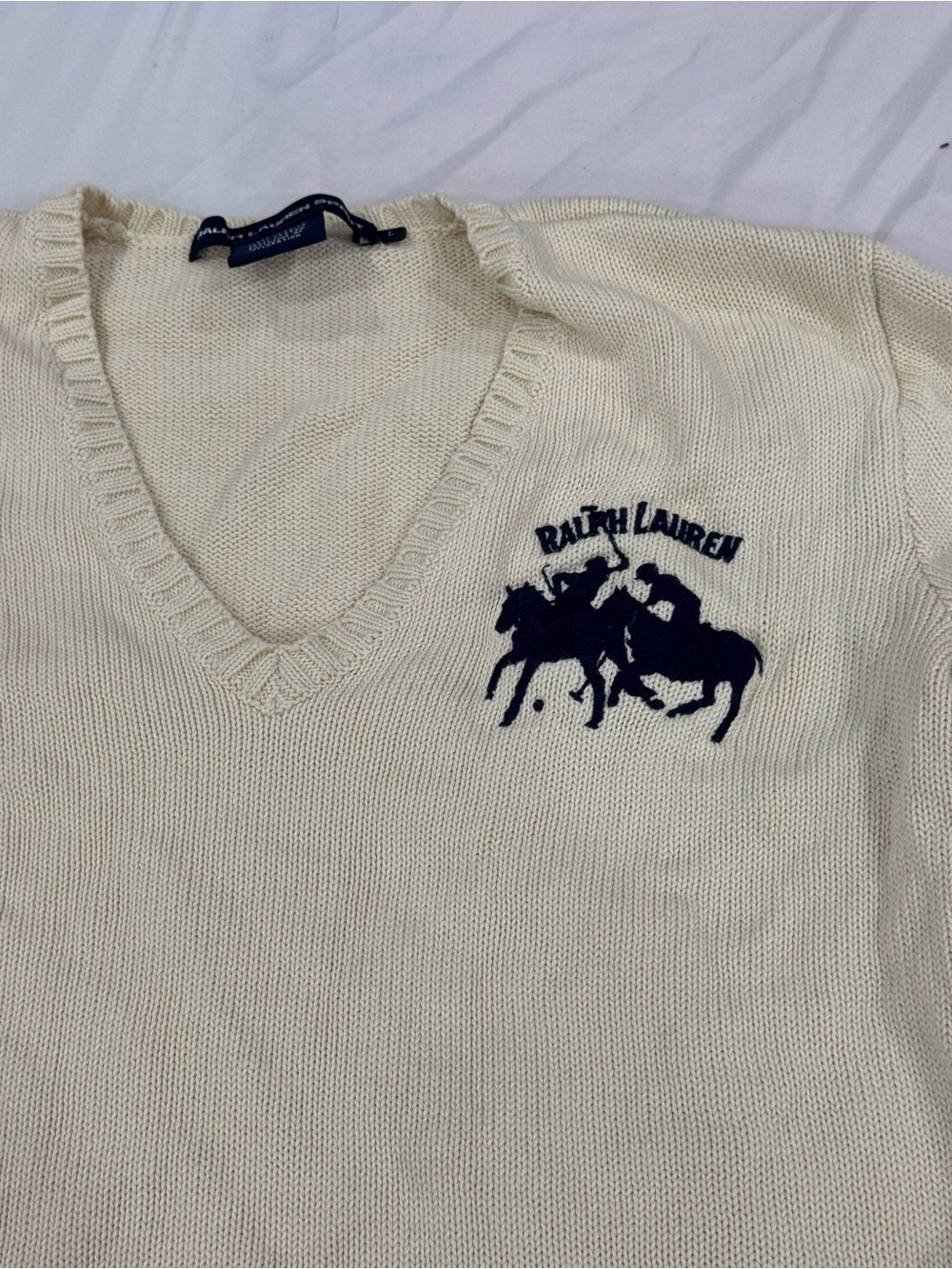 Ralph Lauren Cream V-Neck Sweater with Navy Polo Logo